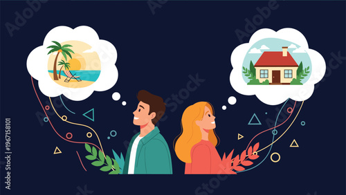 Man dreaming of a beach vacation and a woman dreaming of a house, symbolizing different aspirations, desires, and future plans.