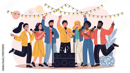 Group of happy diverse friends singing karaoke under festive lights and disco balls, symbolizing celebration, fun, party, and social entertainment.