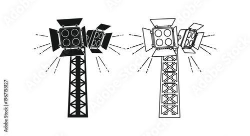 Two stage lights on stands depicted in a striking black silhouette
