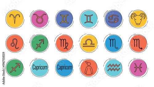 Extensive collection of colorful astrological zodiac sign icons in circular frames, representing horoscopes, astrology, and celestial symbols.