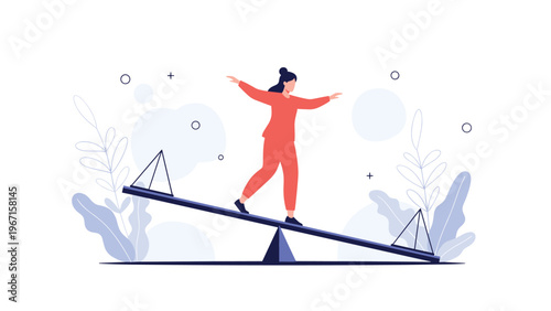 Woman carefully balancing on a seesaw, symbolizing equilibrium, stability, work-life balance, and the challenges of maintaining harmony in life.