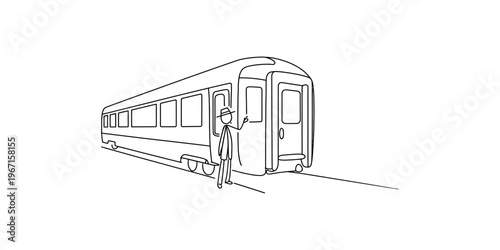 A simple black and white line drawing of a man in a hat standing next to a large passenger train Vector, illustration