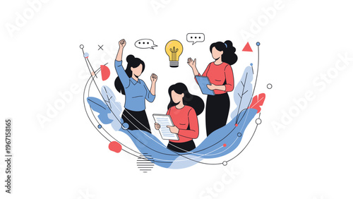 Group of three enthusiastic women celebrating a successful project with a lightbulb idea and abstract design elements, symbolizing teamwork and innovation.