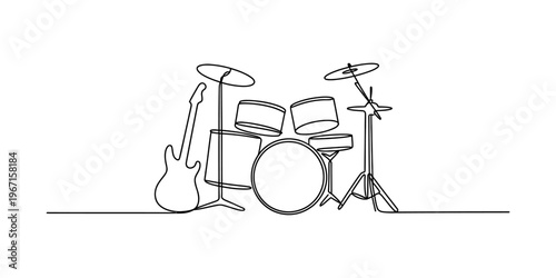 A continuous line drawing of a musical drum kit and an electric guitar on a clean white background Vector, illustration
