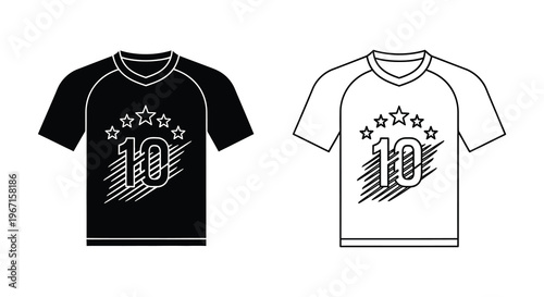 Two sports jerseys with number ten and stars black and white silhouette