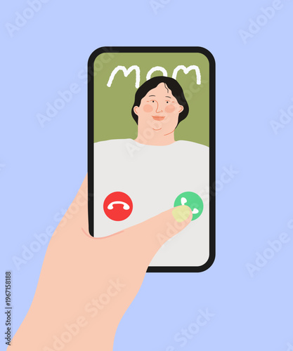 Calling mom on a mobile phone. Vector Illustration. Finger pressing call button