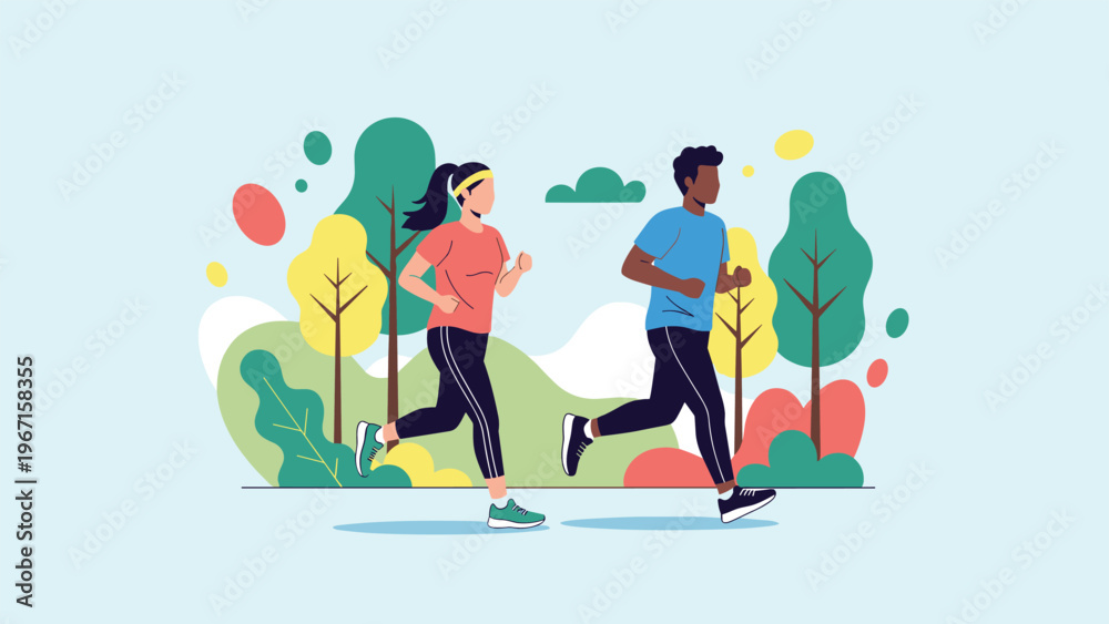 Fototapeta premium Diverse man and woman jogging together in a colorful park, symbolizing healthy lifestyle, outdoor exercise, and active recreation.