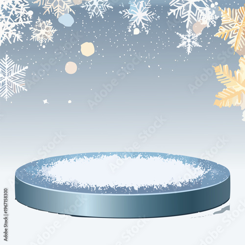 Snowy stage platform for winter product display and festive seasonal concepts