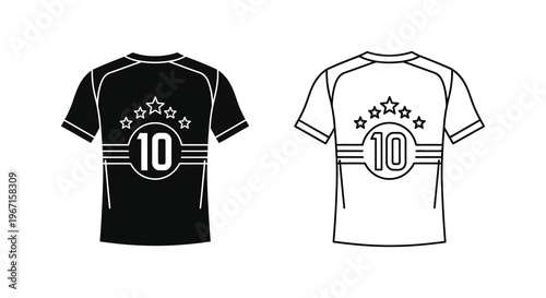 Two sports jerseys with number ten and stars black and white silhouette