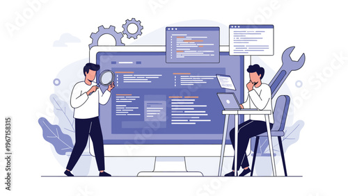 Two developers collaborating on software development, one using a magnifying glass on code, the other with a laptop, symbolizing programming and testing.