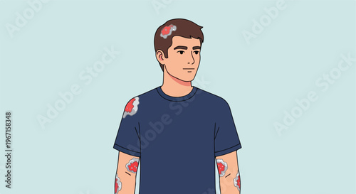 Illustration of a man with red skin rashes on his head, shoulders and forearms