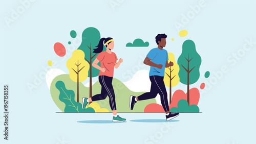 Diverse man and woman jogging together in a colorful park, symbolizing healthy lifestyle, outdoor exercise, and active recreation.