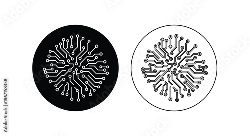 Two circular circuit board designs one black and one white with detailed lines silhouette