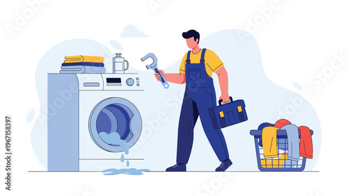 Technician with tools repairing a leaking washing machine, with a laundry basket nearby, illustrating home appliance repair and maintenance services.
