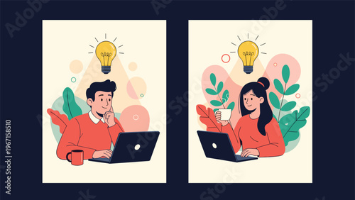 Two separate illustrations of a man and a woman working on laptops, with lightbulbs above their heads, symbolizing remote work, ideas, and innovation.