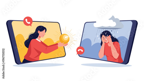Compassionate woman offering a glowing orb to a sad, crying woman in a video call, symbolizing online therapy, emotional support, and healing.