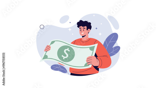 Happy man confidently holding a large dollar bill, symbolizing financial success, wealth, investment, and profitable business ventures.