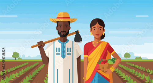 A man and a woman in traditional clothing standing together in a farm field