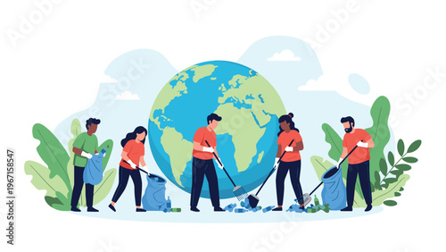 Diverse volunteers unite for a global clean-up effort, collecting trash and promoting environmental conservation around the planet.