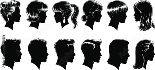 Collection of male and female head silhouettes with various hairstyles isolated on white background for avatar, beauty, fashion design use