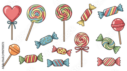 Diverse collection of colorful candies and lollipops in various shapes and wrappers, symbolizing sweets, treats, and festive indulgence.
