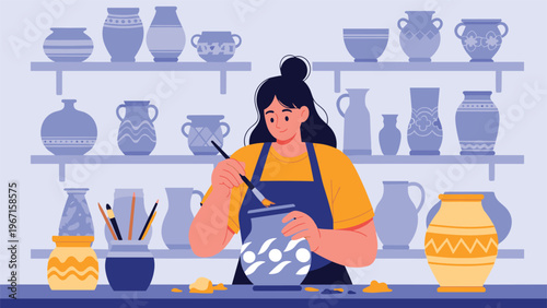 Talented female artist focused on hand-painting intricate patterns on a ceramic pot in her workshop, surrounded by shelves of unique pottery.