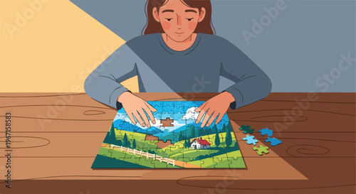 A young girl sits at a wooden table assembling a landscape jigsaw puzzle piece