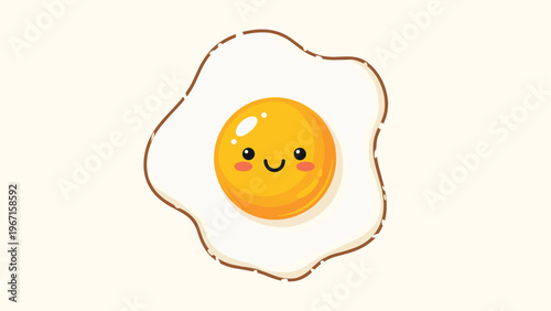 Adorable cartoon fried egg with a cheerful smiling face, bright yellow yolk, and fluffy white, presented in a cute, happy style.