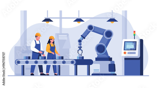 Workers supervise an efficient automated assembly line with robotic arms meticulously moving and packaging products in a modern factory setting.