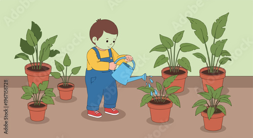 A small child in overalls waters indoor potted plants with a blue watering can