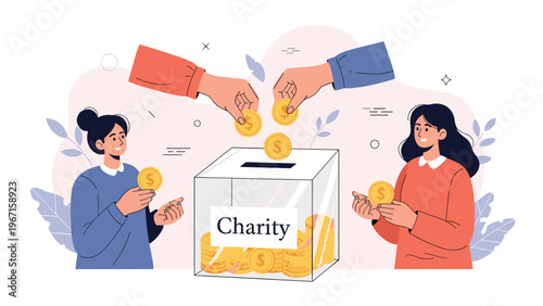 Generous individuals contributing golden coins to a transparent "Charity" donation box, highlighting the act of giving and community support.