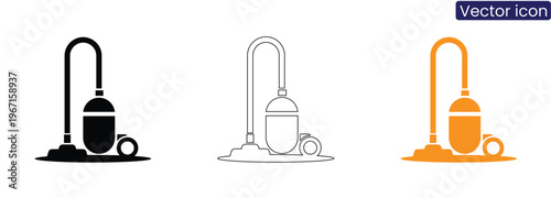 Vacuum cleaner icons in black, Line art, And orange on white background
