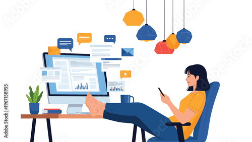 Relaxed young woman efficiently managing multiple online tasks and communications from her comfortable home office setup, with her feet up.