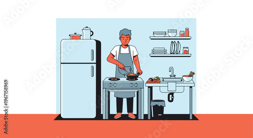 A man wearing an apron stirs a frying pan while cooking in a modern kitchen