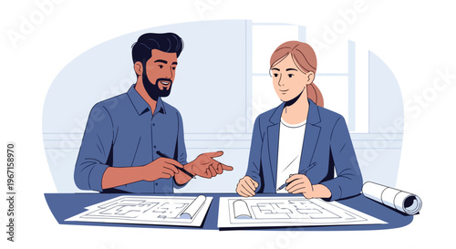 A man and a woman in business attire collaborate on blueprints at a desk