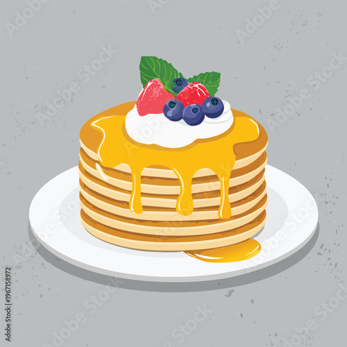 Stack of pancakes with syrup and berries on plate illustration