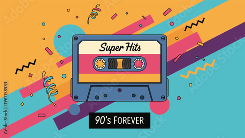 Vibrant and nostalgic illustration of a retro "Super Hits" cassette tape, celebrating 90s music culture with a bold "90's Forever" message and festive background.