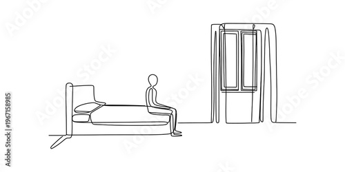 A single line drawing of a person sitting alone on a bed inside a quiet room near a large window Vector, illustration