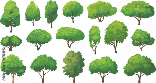 Cartoon green trees set, various shapes and canopy styles collection, decorative landscape elements, natural outdoor plants, isolated vector illustration for garden and design use