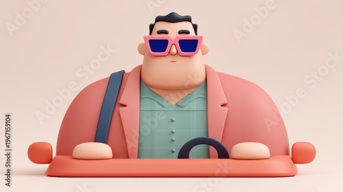 Charming animated character driving a car digital studio 3d illustration minimalistic environment front view fun concept