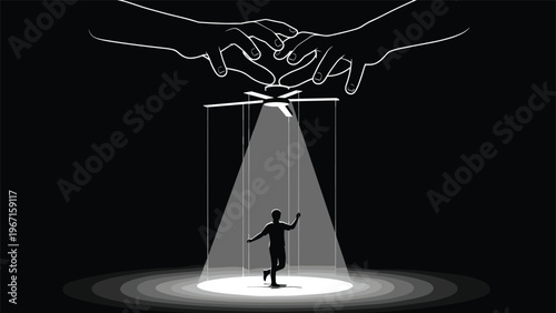 Powerful monochrome illustration depicting a manipulated person as a puppet, controlled by unseen hands from above in a spotlight, symbolizing control and lack of freedom.