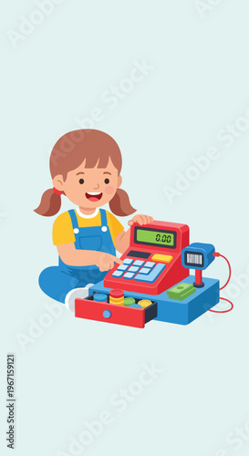 A happy young girl playing with a colorful toy cash register with toy currency