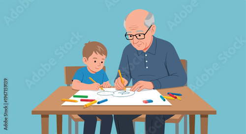 An elderly man and a young boy sitting together at a table drawing on paper