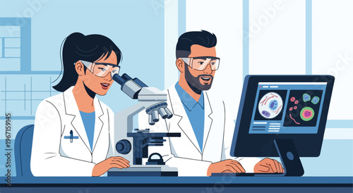 A scientist using a microscope while a colleague analyzes cells on a computer