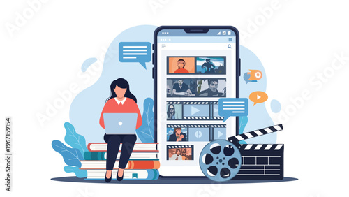 Woman engrossed in watching online videos on a large smartphone, sitting on a stack of books with film equipment nearby, highlighting digital learning and entertainment.