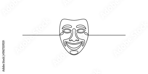 A single continuous line drawing of a theatrical comedy mask centered on a plain white background Vector, illustration