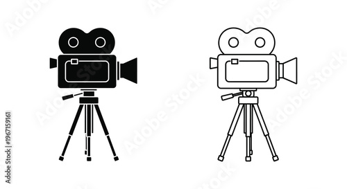 Two vintage film cameras on tripods one as a dark silhouette