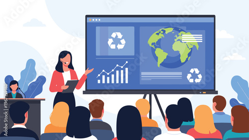 Female speaker delivering an impactful environmental presentation, showcasing recycling symbols and a world map to an attentive audience, promoting sustainability.