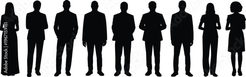 Group of business people silhouettes standing in formal attire isolated on white background for corporate, team, leadership and professional concept