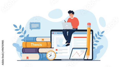 Enthusiastic young man sitting on a laptop, actively studying and working on his thesis online, surrounded by books and academic tools for focused learning.